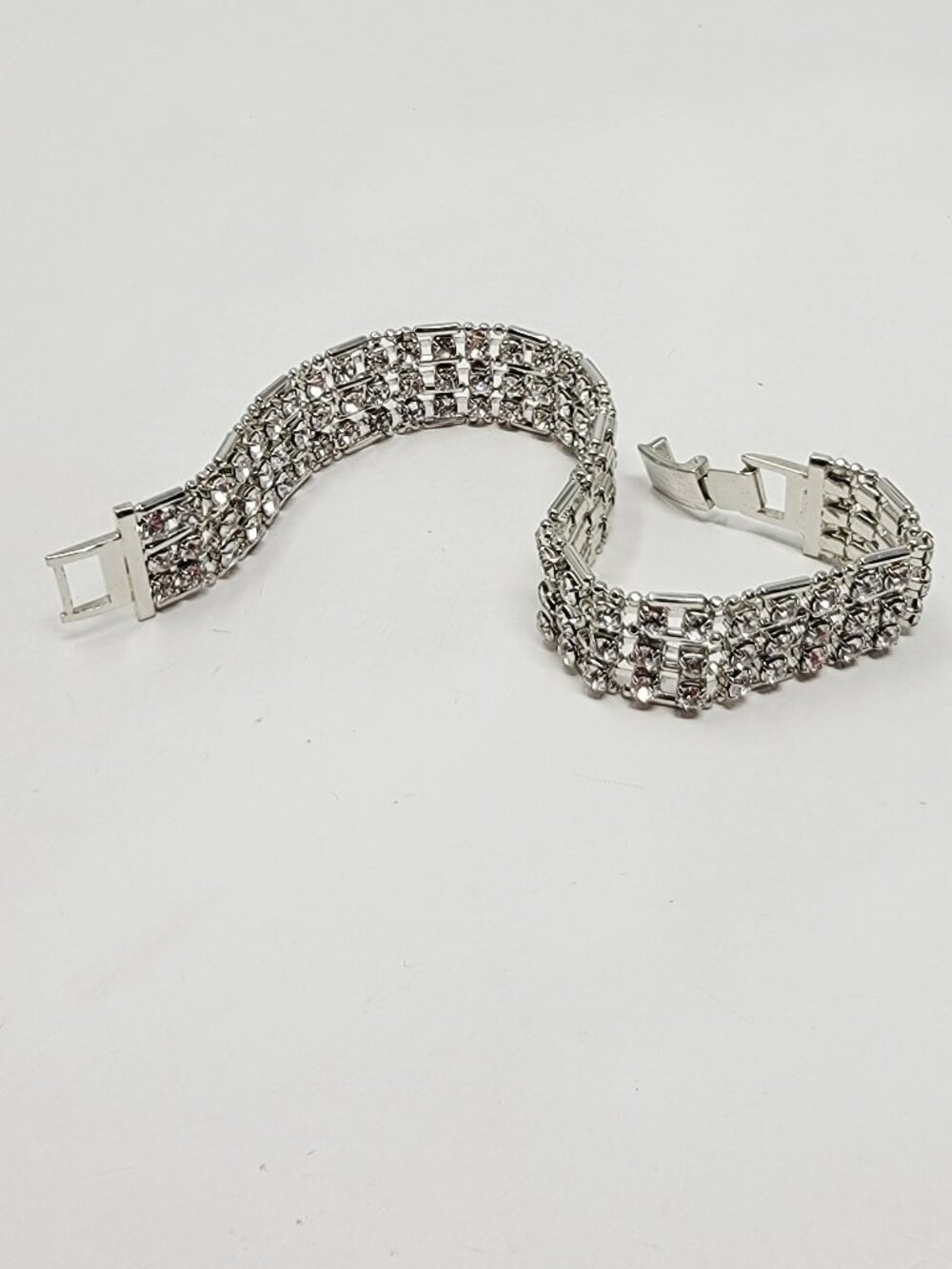 Vintage Clear Rhinestone Wide Statement Bracelet Silver Tone